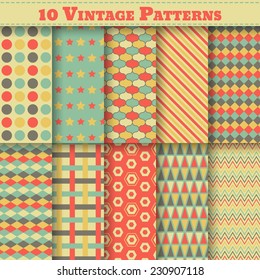 Set of ten vintage vector seamless patterns in retro colors. Endless texture can be used for web design, printing onto fabric and paper or scrapbooking. Swatches included