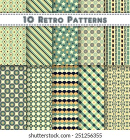 Set of ten vintage vector seamless patterns. Endless retro texture for web design, printing onto fabric, paper or scrapbooking. Nostalgia wrapping, card, frame or border template. Fashion elements.