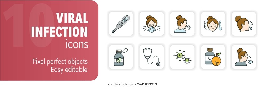 Set of ten viral infection symptoms and prevention editable stroke icons, perfect for websites, apps and presentations