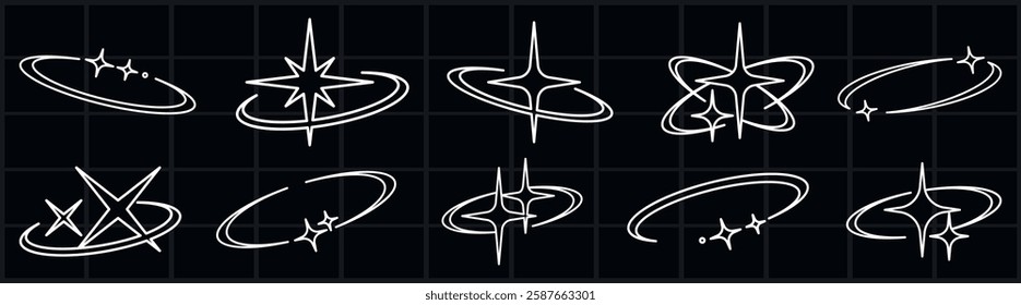 Set of ten white star and orbit icons on a dark background. Each icon features a unique star and orbit design, emphasizing stars and orbits in various styles. Creative elements, vector set.