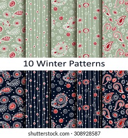 set of ten winter patterns. Red and blue.