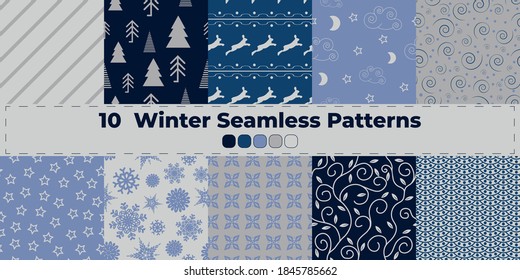 set of ten winter seamless patterns in blue and silver colors.Patterns with stripes, hares, snowflakes, curls, fir trees and abstract. Ideal for wrapping paper and scrapbooking