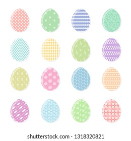 Set of tender colorful vector Happy Easter eggs with white decoration and shadow. Collection of beautiful flat egg icons with striped and dotted decor for Easters banner, greeting card design