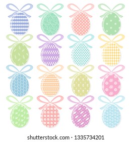 Set of tender colorful vector Happy Easter eggs with white decoration and ribbons. Collection of flat egg icons with striped and dotted decor for Easters banner, greeting card design