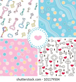 Set of tender pastel seamless patterns Ã¢Â?Â? keys and sews