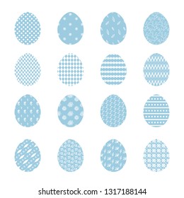 Set of tender vector blue Happy Easter eggs with white decoration. Collection of egg icons with striped and dotted decor for Easters banner, greeting card design