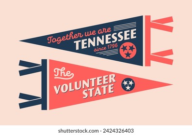 Set of Tennessee pennants. Vintage retro graphic flag, pennant, star, sign, symbols of USA. The Volunteer State. 