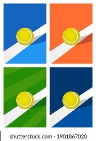 Set of tennis backgrounds with ball on the court. Vector sport illustration.