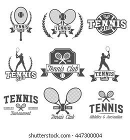 Set Of Tennis Badge Logotype Template. Club Emblem, College League Logo, One Color Design Elements, Sport Tournament, Contest, Tug, Rush, Competition.