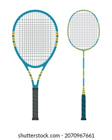 Set of tennis and badminton rackets, detailed with a shadow in a flat style