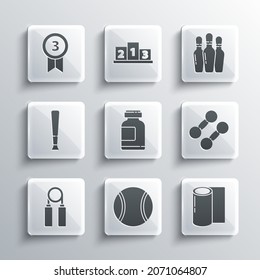 Set Tennis ball, Fitness mat roll, Dumbbell, Sports nutrition, expander, Baseball bat, Medal and Bowling pin icon. Vector