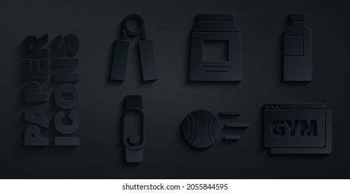 Set Tennis ball, Fitness shaker, Smartwatch, Online fitness and training, Sports nutrition and expander icon. Vector