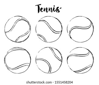 set of tennis ball hand drawn brush strokes