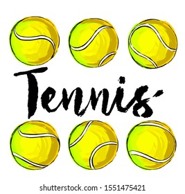 set of tennis ball hand drawn brush strokes