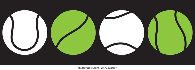 Set tennis ball icon. Set with tennis balls vector icons. Tennis balls black and yellow collection. Sport game. Tennis ball. Sport concept. Sports, fitness, activity. Vector illustration