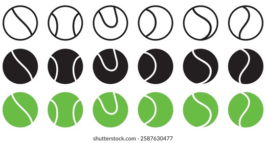 Set tennis ball icon. Set with tennis balls vector icons. Tennis balls black and green collection. Sport game. Tennis ball. Sport concept. Sports, fitness, activity. Vector illustration 