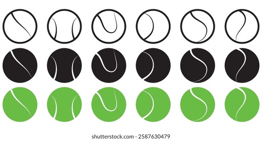 Set tennis ball icon. Set with tennis balls vector icons. Tennis balls black and green collection. Sport game. Tennis ball. Sport concept. Sports, fitness, activity. Vector illustration 