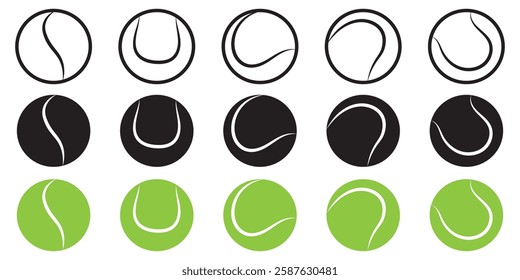 Set tennis ball icon. Set with tennis balls vector icons. Tennis balls black and green collection. Sport game. Tennis ball. Sport concept. Sports, fitness, activity. Vector illustration 