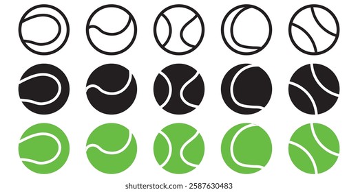 Set tennis ball icon. Set with tennis balls vector icons. Tennis balls black and green collection. Sport game. Tennis ball. Sport concept. Sports, fitness, activity. Vector illustration 