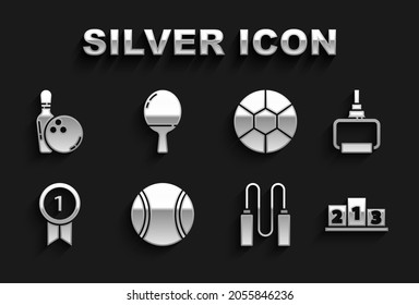 Set Tennis ball, TPX loop training equipment, Award over sports winner podium, Jump rope, Medal, Football, Bowling pin and and Racket for playing table tennis icon. Vector