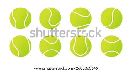 Set tennis ball with various stitch patterns isolated on white background. Vibrant collection of green sports equipment for tennis game design.