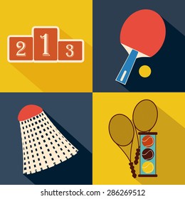 Set tennis balls, rackets, shuttlecocks. flat vector