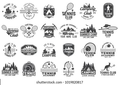 Set of tennis and camping club badge. Vector illustration. Concept for shirt, print, stamp or tee. Vintage typography design with mountain camp and tennis player silhouette. Tennis camp.