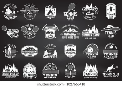 Set of tennis and camping club badge. Vector illustration on the chalkboard. Concept for shirt, print, stamp or tee. Vintage typography design with mountain camp and tennis player silhouette.