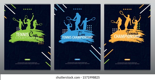 Set of Tennis Championship banners, design with player and racquet on dark background. Vector illustration