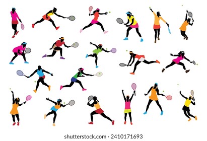 Set Tennis Character Women Vector Logo, Tennis player icons set. Tenis player vector.