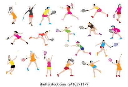 Set Tennis Character Women Vector Logo, Tennis player icons set. Tenis player vector.