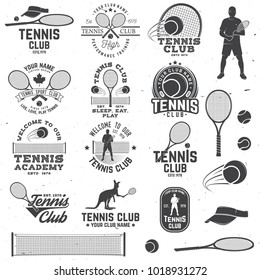 Set of Tennis club badges with design element. Vector illustration. Concept for shirt, print, stamp or tee. Vintage typography design with tennis player, racket, tennis visor and ball silhouette.