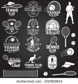 Set of Tennis club badges with design element on the chalkboard. Vector illustration. Concept for shirt, print, stamp or tee. Vintage typography design with tennis player, racket, tennis visor and bal