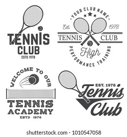 Set of Tennis club badges. Vector illustration. Concept for shirt, print, stamp or tee. Vintage typography design with tennis racket and ball silhouette.