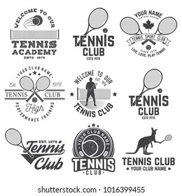 Set of Tennis club badges. Vector illustration. Concept for shirt, print, stamp or tee. Vintage typography design with tennis player, racket and ball silhouette.