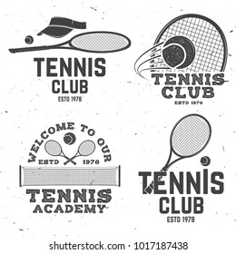 Set of Tennis club badges. Vector illustration. Concept for shirt, print, stamp or tee. Vintage typography design with tennis racket and ball silhouette.