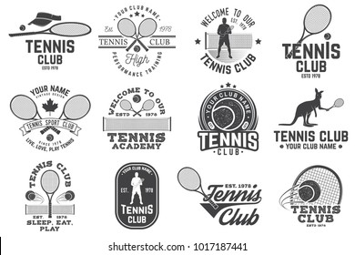 Set of Tennis club badges. Vector illustration. Concept for shirt, print, stamp or tee. Vintage typography design with tennis player, racket and ball silhouette.