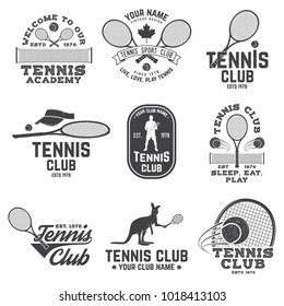 Set of Tennis club badges. Vector illustration. Concept for shirt, print, stamp or tee. Vintage typography design with tennis player, racket and ball silhouette.