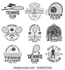 Set of Tennis club badges. Vector illustration. Concept for shirt, print, stamp or tee. Vintage typography design with tennis player, racket and ball silhouette.
