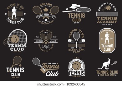 Set of Tennis club badges. Vector illustration. Concept for shirt, print, stamp or tee. Vintage typography design with tennis player, racket and ball silhouette.