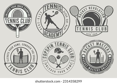 Set of Tennis club badges. Vector illustration. The concept for shirt, print, stamp, or tee. Vintage typography design with tennis player, racket, and ball silhouette.