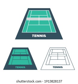 Set of tennis courts icons. Vector sport illustration with standard, simple and outline versions.