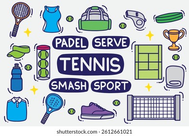 set of tennis doodle with color good for background, wallpaper, element design, icon, etc