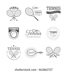 Set of tennis emblems, logos, labels and design elements, isolated on white background. Vector illustration
