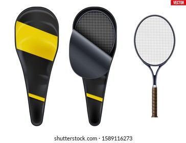 Set of tennis equipment. Racket with case. Tennis Racket in case. Editable Vector Illustration isolated on white background.