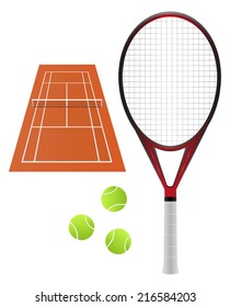 Set of tennis equipment - tennis racket, clay court and three balls.