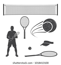 Set of tennis equipment silhouettes. Vector illustration. Collection include tennis racket, balls, tennis net, player and visor silhouettes.