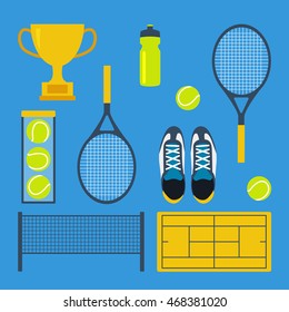  Set of tennis icons. Flat design. Vector illustration. 