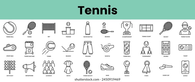 Conjunto de iconos de tenis. Paquete de iconos de estilo lineal. Ilustración vectorial