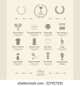 Set of tennis icons. Sports objects. Info graphics set. Simple elements and symbols. Icons for your design. In vintage style.